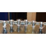 SET OF 6 ARTS & CRAFTS LONDON STERLING SILVER DOUBLE HANDLED WHISKY TOT CUPS, BY WAKELY & WHEELER,