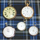 GOLD PLATED POCKET WATCH, 2 SILVER CASED FOB WATCHES, STOP WATCH & 1 OTHER POCKET WATCH