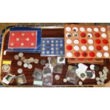 TRAY WITH A LARGE QUANTITY OF VARIOUS OLD COINS, HAMMERED SILVER COINS, USA SILVER DOLLAR,