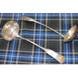 A GOOD MATCHED PAIR OF SCOTTISH PROVINCIAL SILVER SOUP LADLES, WITH ABERDEEN MARK & MAKER MARK FOR