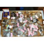 TRAY WITH QUANTITY OLD COINS, OLD GREEK & ROMAN STYLE COINS, OLD TOKENS & COMMEMORATIVE COINS, OLD