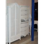 MODERN WHITE WICKER BEDROOM SET COMPRISING DOUBLE DOOR WARDROBE, PAIR OF 3 DRAWER CHESTS, DRESSING