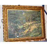 LARGE GILT FRAMED OIL ON CANVAS - WOODLAND SCENE WITH CHILDREN PLAYING IN A RIVER, SIGNED WM