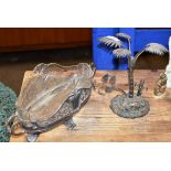 ORNATE WHITE METAL PALM TREE & ANIMAL DISPLAY & EP DOUBLE HANDLED BASKET WITH GLASS LINER IN THE