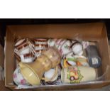 BOX WITH VARIOUS TEA WARE, DECORATIVE POTTERY JUGS, SWAROVSKI BELL IN BOX ETC