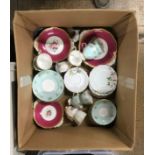 BOX WITH ASSORTED TEA WARE, COALPORT DISHES, LLADRO GEESE ETC