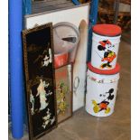 FRAMED COCA-COLA PICTURE, MARTINI MIRROR, ORIENTAL STYLE LACQUERED PANEL & 2 VINTAGE DISNEY