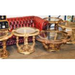 SET OF 5 ORNATE GILT FINISHED GLASS TOP OCCASIONAL TABLES