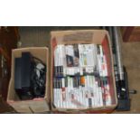 CAMERA TRIPOD & 2 BOXES WITH PLAYSTATION 2 CONSOLE & VARIOUS GAMES