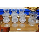 FINE SET OF 6 LARGE 6½" THISTLE PATTERN STEM WINE GLASSES & MATCHING JUG