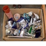 BOX WITH EP GOBLETS, WHISKY JUGS, POOLE POTTERY DOLPHIN ORNAMENT, MIXED CERAMICS & GENERAL BRIC-A-