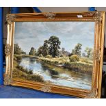 GILT FRAMED OIL ON CANVAS - RIVER/LOCH LANDSCAPE WITH COUNTRY HOUSE SIGNED LATHAM