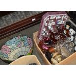 DECORATIVE LIGHT SHADE & BOX WITH VARIOUS THIMBLES, MINIATURE BELLS, CUT GLASS BASKET, COLOURED