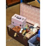 VINTAGE TRUNK WITH VARIOUS SOFT TOYS, MAKE UP BOX, WOODEN WARE & GENERAL BRIC-A-BRAC