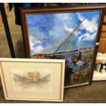 GILT FRAMED PICTURE - STREET SCENE & FRAMED OIL ON CANVAS - MOORED BOATS WITH FIGURES