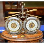 MILITARY INTEREST - A DESKTOP COMBINATION CLOCK, BAROMETER WITH COMPASS & THERMOMETER ON OAK PLINTH