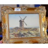 SMALL GILT FRAMED WATERCOLOUR - LANDSCAPE WITH WINDMILL SIGNED A. COX