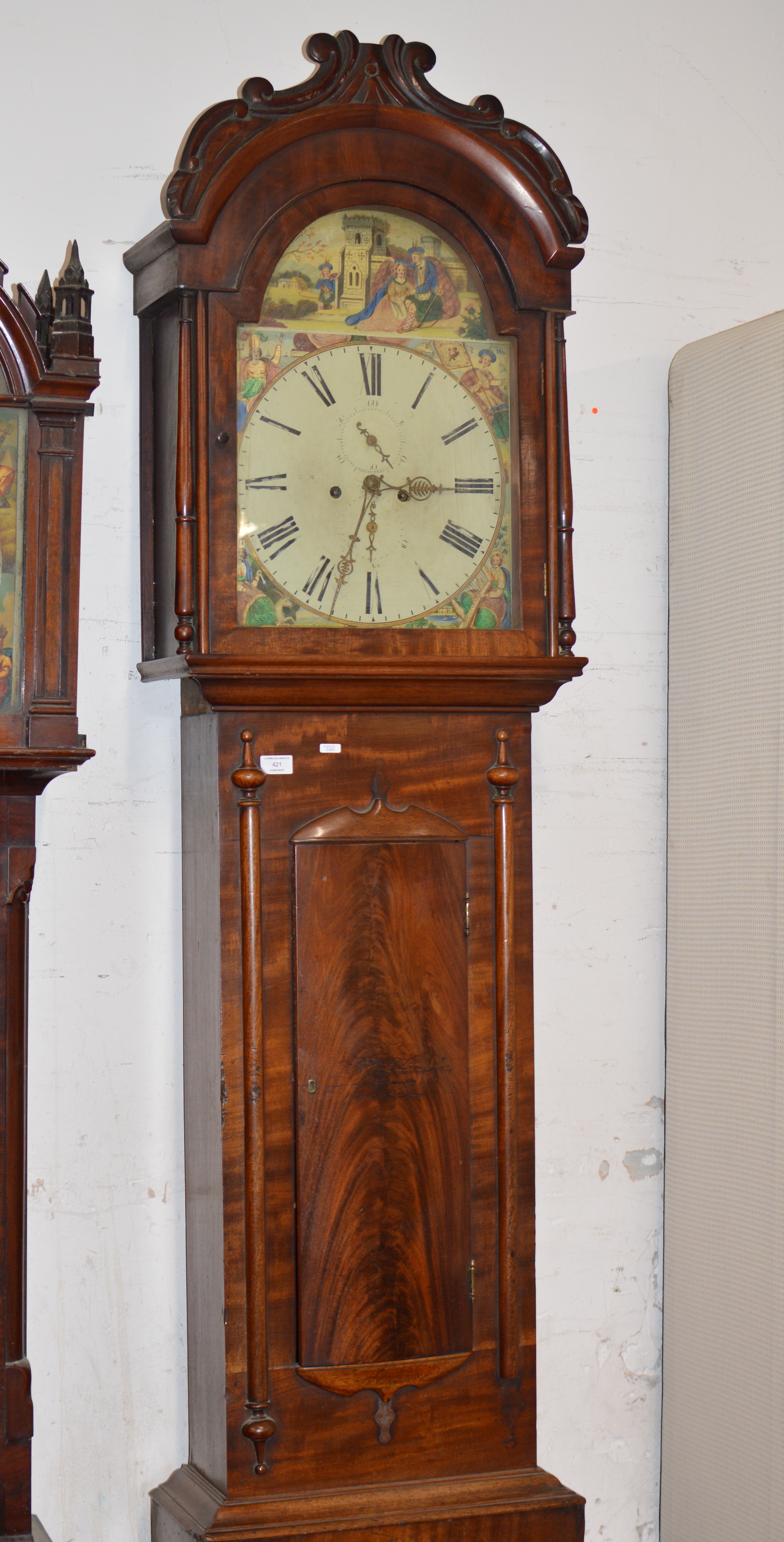 MAHOGANY CASED GRANDFATHER CLOCK WITH PAINTED FACE