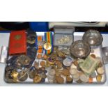 TRAY WITH VARIOUS MILITARY BADGES, WORLD WAR 1 MEDAL DUO AWARDED TO J.W.CAMERON V.A.D, POST OFFICE