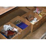 4 BOXES WITH GENERAL CERAMICS, ASSORTED TEA WARE, OLD BOOKS, GLASS WARE ETC