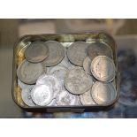 TIN WITH VARIOUS OLD COINS, SILVER COINS ETC