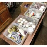 VARIOUS BOXES WITH MIXED CERAMICS, ORNAMENTS, ASSORTED TEA WARE, GLASS WARE & GENERAL BRIC-A-BRAC