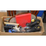 BOX WITH CATERPILLAR WORK BOOTS, FRAMED PICTURES, FOLDING CHAIR ETC