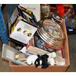 BOX WITH VARIOUS WALL CLOCKS, NOVELTY TOYS ETC