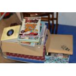 WHO LP RECORD & 2 BOXES WITH ASSORTED MUSIC BOOKS & MEMORABILIA, VIEW MASTER, SLIDES, ANNUALS ETC