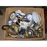 BOX WITH EP CANDLE STICKS, BRASS CANDLE STICKS, VARIOUS EP WARE, TEA WARE, BLUE & WHITE CHINA ETC