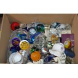 BOX WITH VARIOUS GLASS PAPER WEIGHTS, SUGAR & CREAM SET, LURPACK WARE, HIP FLASKS ETC