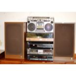 STACKING HI-FI SYSTEM WITH TEAK CASED SPEAKERS & VINTAGE PORTABLE STEREO