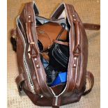 BAG WITH VARIOUS CAMERAS, BINOCULARS ETC