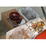 4 BOXES WITH GENERAL CERAMICS, CRYSTAL WARE, MINIATURE EGG ORNAMENTS, ROYAL DOULTON FIGURINE, TEA