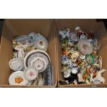 2 BOXES WITH MIXED CERAMICS, VARIOUS FIGURINE ORNAMENTS, ANIMAL ORNAMENTS, DISHES ETC