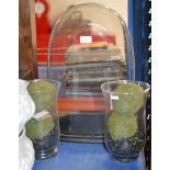 OLD GLASS DOME DISPLAY CASE & PAIR OF GLASS VASES