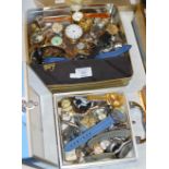 2 BOXES WITH VARIOUS WRIST WATCHES, POCKET WATCH PARTS ETC