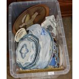 BOX WITH QUANTITY BLUE & WHITE DINNER WARE, DECORATIVE SPANISH POTTERY DISH, MIXED CERAMICS,