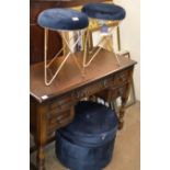 PAIR OF MODERN PADDED METAL FRAMED STOOLS WITH MATCHING FOOT STOOL