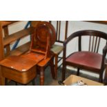 MAHOGANY TUB CHAIR, OAK CHURCH STYLE CHAIR, 1 OTHER CHAIR, MIRROR & SEWING TABLE WITH SEWING