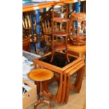 NEST OF 3 TEAK GLASS TOP TABLES, MAHOGANY WINE TABLE & MAHOGANY FOLDING CAKE STAND