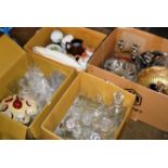 4 BOXES WITH ASSORTED EP WARE, CRYSTAL WARE, ORIENTAL TEA WARE, LUSTRE JUG ETC