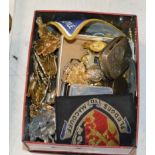 BOX WITH VARIOUS MILITARY BADGES, COIN CASE, COINS ETC