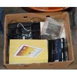 BOX WITH MISC ELECTRICAL ITEMS, TABLETS, SCANNER ETC