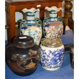 PAIR OF JAPANESE POTTERY VASES, JAPANESE LIDDED JAR & LIDDED BISCUIT JAR