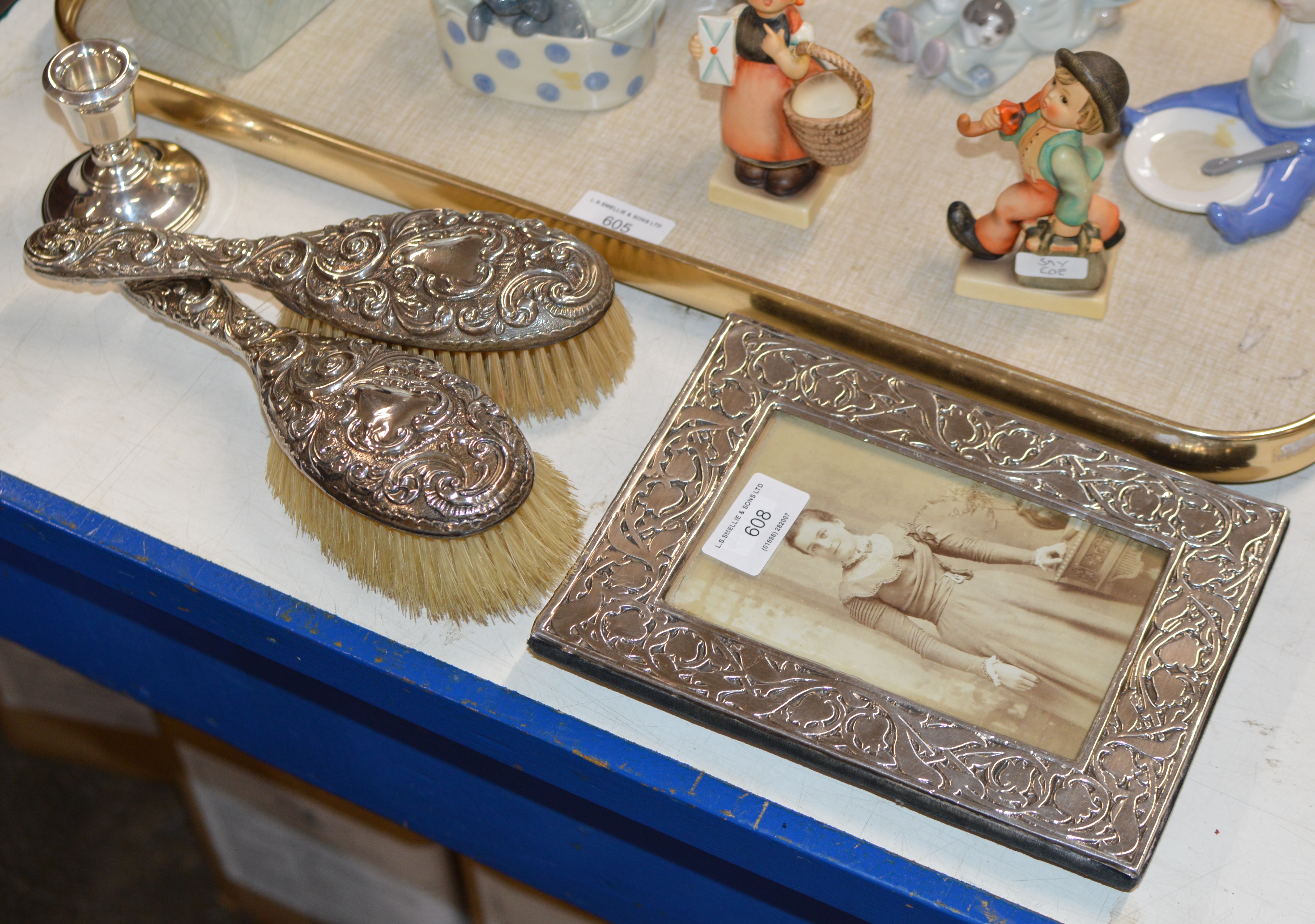 ORNATE BIRMINGHAM SILVER PICTURE FRAME, 2 SILVER BACKED BRUSHES & BIRMINGHAM SILVER CANDLE STICK