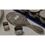 2 SILVER NAPKIN RINGS & SILVER BACKED HAND MIRROR