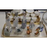 TRAY WITH VARIOUS FIGURINE ORNAMENTS, NAO, HUMMEL ETC