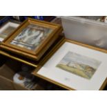 GILT FRAMED WATERCOLOUR - COASTAL SCENE WITH CASTLE RUIN SIGNED RLS & VARIOUS OTHER PICTURES