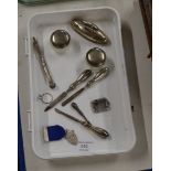 BOX WITH ASSORTED SILVER WARE, NAIL BUFF, LIDDED JARS, PENCIL ETC